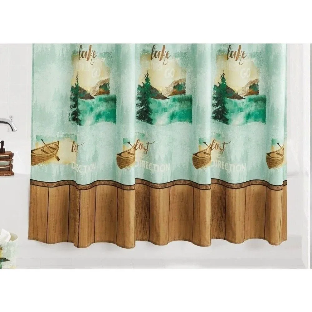 Mountain Lake Fabric Shower Curtain Teal Green Brown Fishing Boat Bath Gift NEW